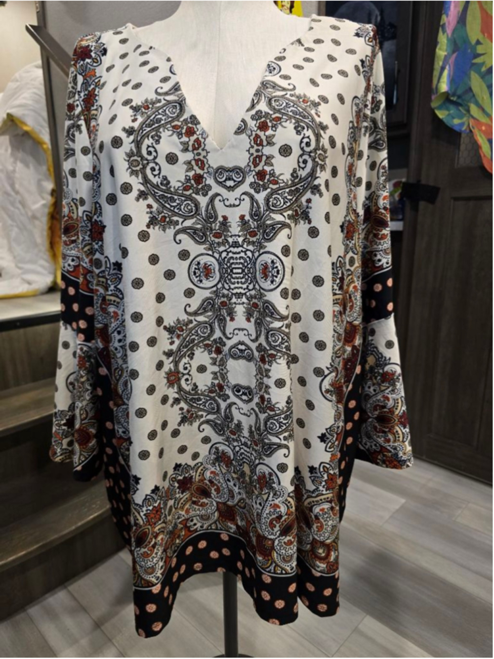 Women's Melissa Paige Tunic 3X White Black Paisley Polka Dot